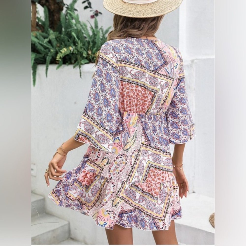 Scarf Print Flounce Sleeve Dress - Picture 2 of 6